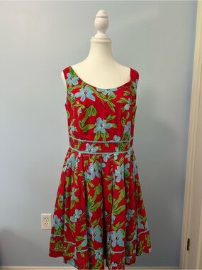Red Floral Sleeveless A‑Line Dress with Blue Flowers